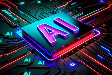 Neon AI sign with glowing circuits, high tech illustration of artificial intelligence, vibrant and detailed design, futuristic concept
