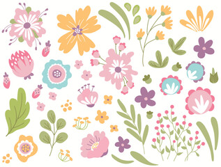 A set of flowers and plants on a white isolated background.