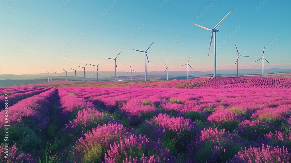 Poster lavender and magenta field with wind turbines under a clear blue sky. generative ai.