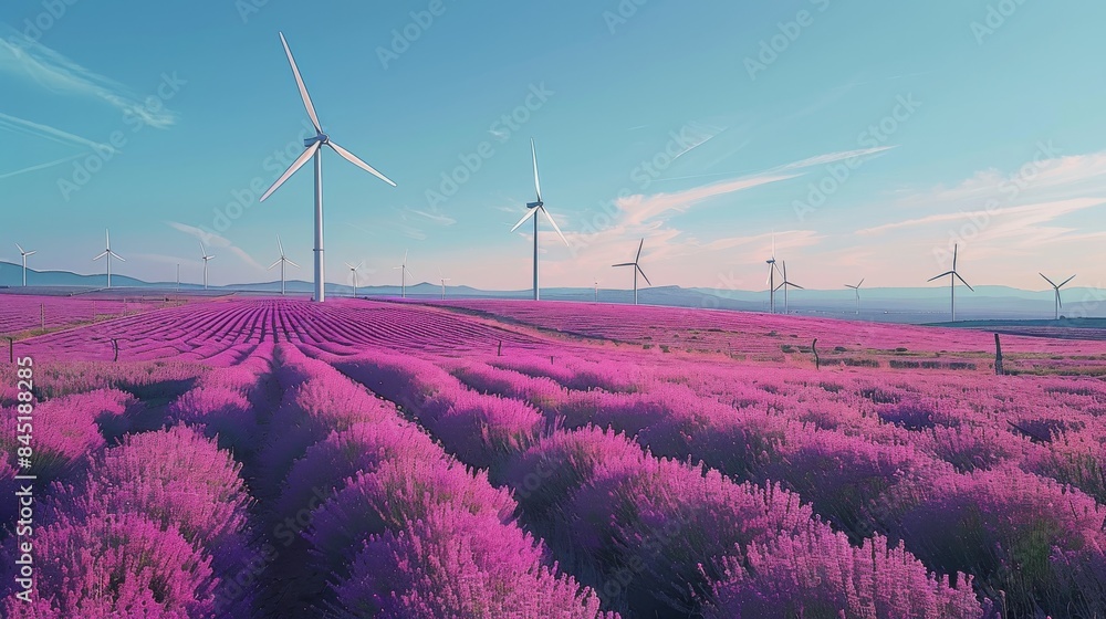Poster lavender and magenta field with wind turbines under a clear blue sky. generative ai.