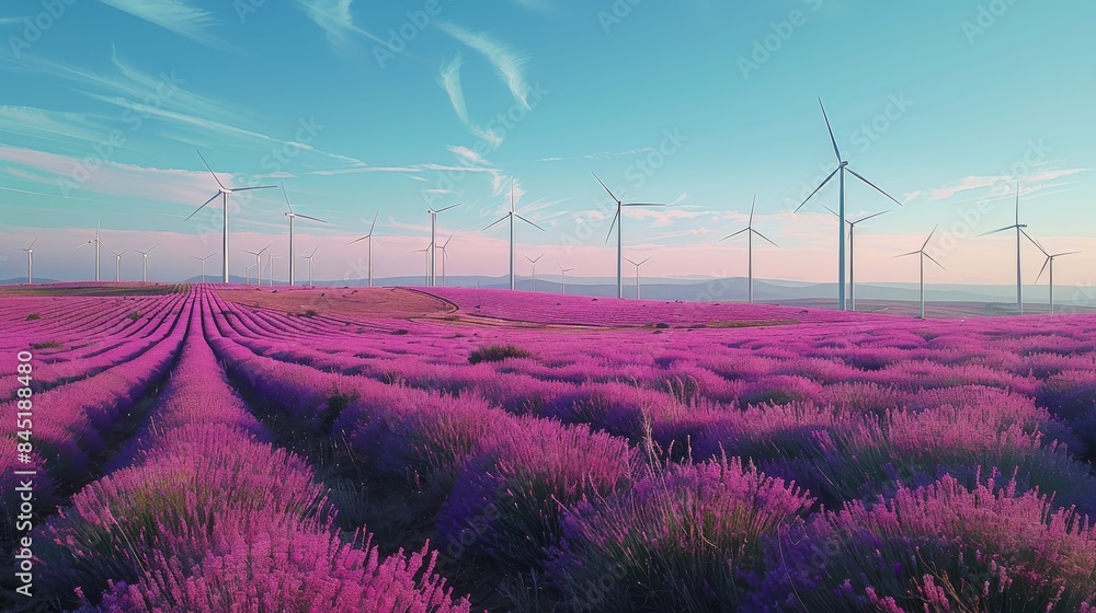 Poster lavender and magenta field with wind turbines under a clear blue sky. generative ai.