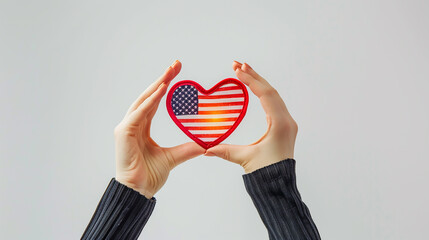 Memorial Day scene: elegant hands forming a heart around an American flag on white.