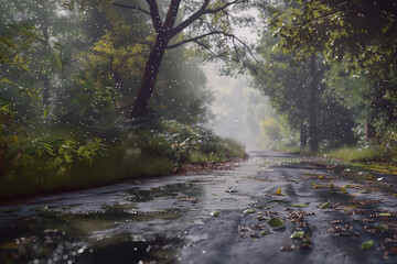 A photorealistic image of a country road in the rain, with puddles forming on the ground, raindrops hitting the leaves of nearby trees, and a soft, misty atmosphere 