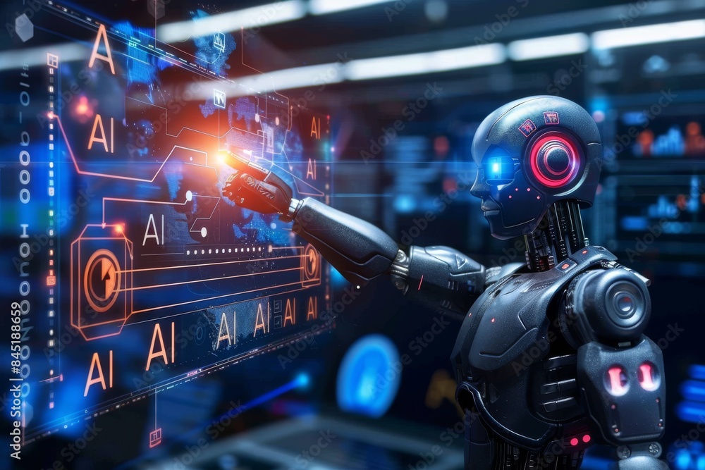 Aufkleber ai robot with glowing circuits in digital workspace, high tech illustration of artificial intelligen