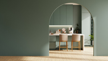 Arched doorway to the kitchen room interior design with dark green wall- 3D rendering © Vanitjan