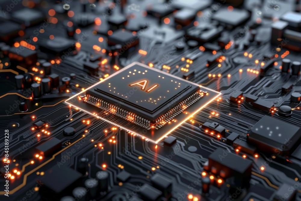 Poster ai processor on motherboard with glowing circuits, high tech illustration of artificial intelligence