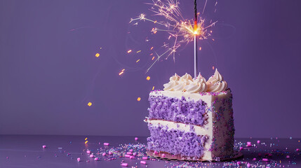Birthday celebration cake with layers in purple hue, topped with white frosting and a celebratory sparkler, set against a backdrop of purple