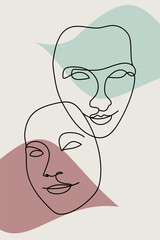 Card or poster with one single line drawing of female face and abstract shapes. Monochrome minimalist portrait. Modern trendy fashion sketch of woman head