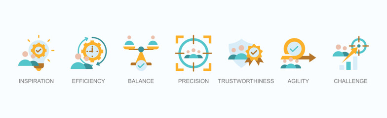 Balanced Efficiency Banner Web Icon Vector Illustration Concept With Inspiration, Efficiency, Balance, Precision, Trustworthiness, Agility, Challenge
