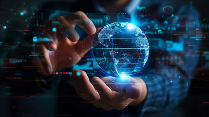 A person holds a glowing globe in their hands, representing global connection and digital innovation.