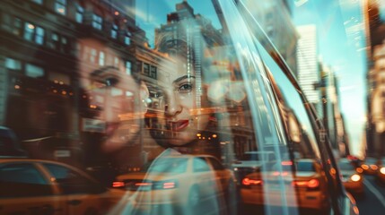 beautiful smiling young woman traveling by yellow taxi car , looking through the window with reflection in the glass. Female happy in car while traveling on road to destination. View through. trip