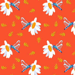Seamless pattern wildflower daisy dragonfly Plant flower graphic card Orange poster banner Spring summer fabric clothing Coral backdrop packaging wallpaper Template textile cover