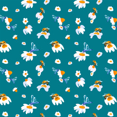 Summer background daisy dragonfly dark turquoise backdrop summer white wild flowers ornament template banner poster wallpaper fabric