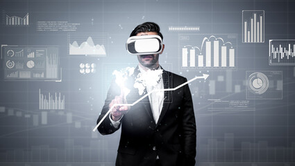Skilled business man looking data analysis while planning strategy by using visual reality glasses. Professional smart investor checking financial graph holographic while wearing VR goggle. Deviation.