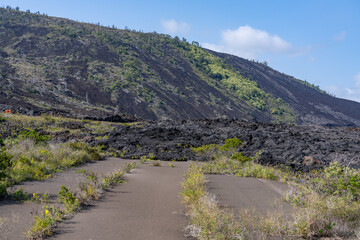 Alanui Kahiko, An exposed portion of Chain of Craters Road that was not covered by the lava flows of Maunaulu, Hawaii Volcanoes National Park. Kīlauea volcano, Hōlei Pali / Hilina Pali ( cliff )