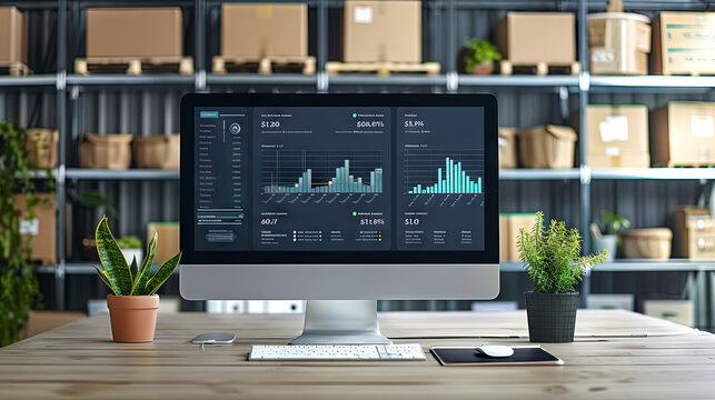 Innovative computer software for warehouse management enables real-time monitoring of package delivery and goods. A computer screen displays a smart inventory dashboard, facilitating storage 