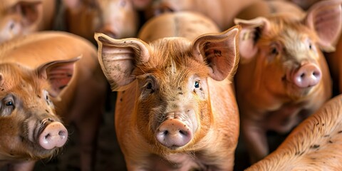 Fototapeta premium Pigs in a Crowded Intensive Farming Environment. Concept Animal Welfare, Factory Farming, Livestock Management, Environmental Impact, Meat Production