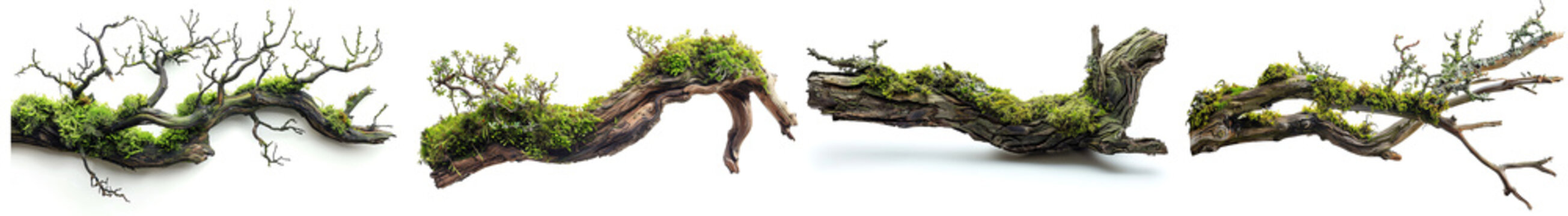 Dry tree branch with moss isolated on white