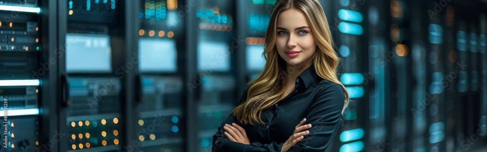 Poster female network engineer standing in front of a row of servers in a data center