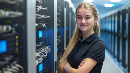 A female network engineer stands confidently in front of a rack of servers, assessing the network infrastructure