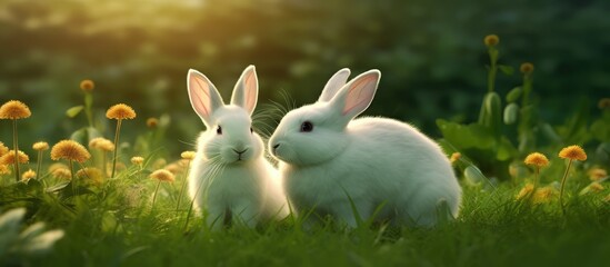 a white rabbit on flowering green grass, at sunrise