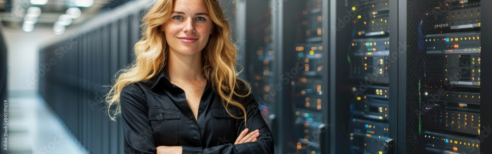 Poster a female network engineer standing confidently in front of a line of servers in a data center