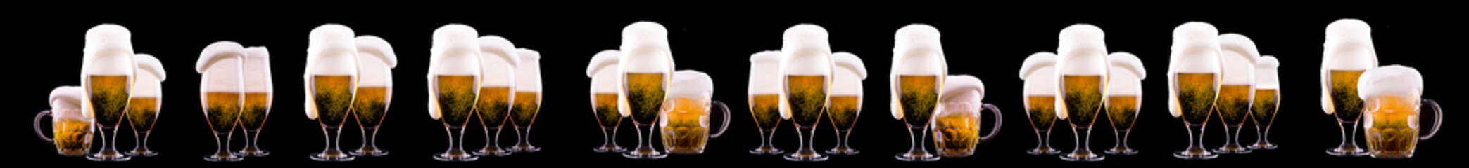 Frosty glasses of light beer on black background