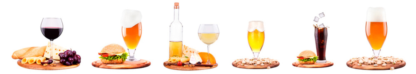 Set of drinks including beer, wine, soda, and cocktails with burgers and snacks