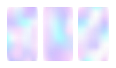 Naklejka premium Y2k Holographic Gradient Background. Set of trendy abstract neon templates. Iridescent aura posters. Modern pearlescent vector. Pastel minimalist backdrop for posts, brochures or banners.