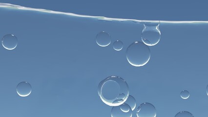 水面と気泡、炭酸水や清潔感や洗濯をイメージする水中の泡	

