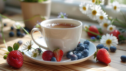 A white coffee cup with white flowers and strawberry and blueberry cherry placed on a Korean style table. Generative AI.