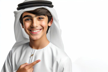 A smiling Emirati boy Wearing UAE Emirati Traditional Dress Isolated on white background
