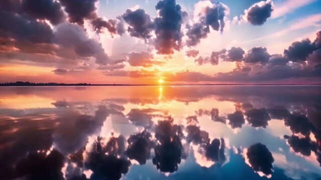 Beautifull color of clouds reflextion over water in tones of sun beem light in the morning,