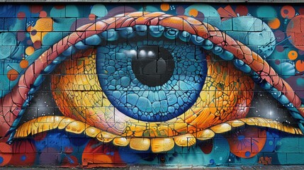 A vibrant street art mural, with bold colors and intricate details, adorning the side of a...