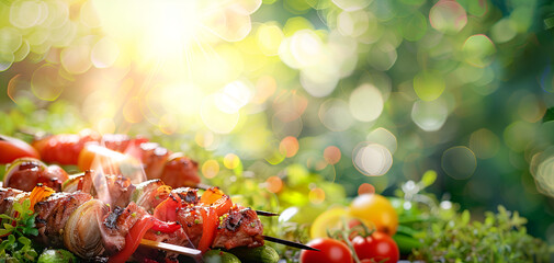 Delicious grilled vegetable skewers with colorful peppers and onions concept of Eid ul adha in background