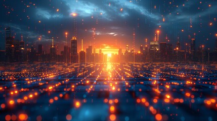 Fototapeta premium Illuminated Neon Blue Holographic Cityscape in Futuristic 3D Rendering Under the Night Sky with Glowing Lights