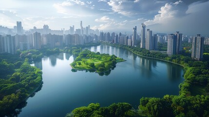 Fototapeta premium Smart cities, high-rise buildings, parks, greenery, lakes. Aerial high view. Generative AI.