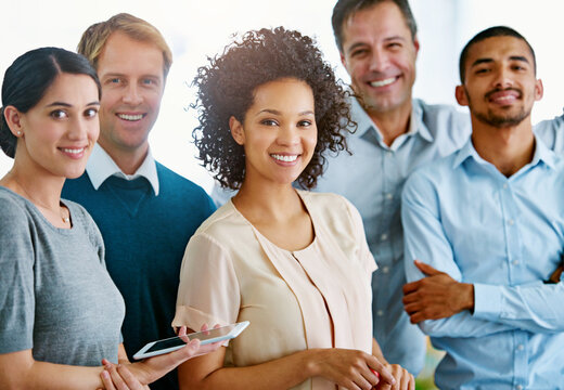 Business people, diversity and smile in portrait with tablet for pride, confidence and solidarity. Happy, corporate team and partnership with touchscreen for staff empowerment, synergy and commitment