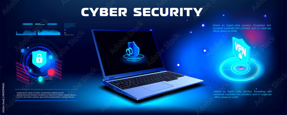 Poster cybersecurity. vpn concept banner with open laptop and shield with hologram and logo. reliable prote