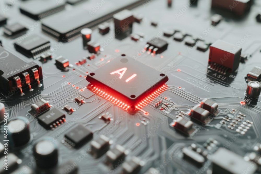 Aufkleber ai processor on high tech motherboard with neon circuits, digital illustration of artificial intelli