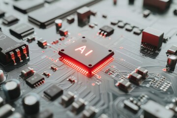 AI processor on high tech motherboard with neon circuits, digital illustration of artificial intelligence, vibrant and futuristic design
