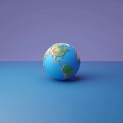 A minimalist image of a globe on a blue surface with a gradient background. Perfect for themes of global education, geography, and travel. 3D Illustration.