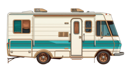 A white and blue camper van with a blue stripe