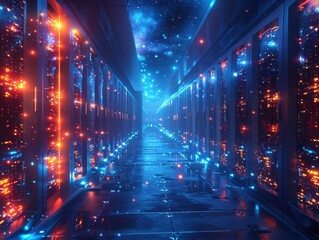 Illuminated Future: AI-Generated Server Room with Holographic Data Streams