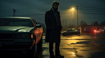 Middle age man in a dark city parking lot cinematic style