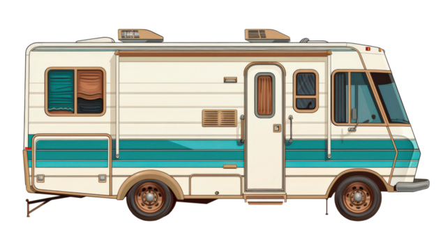 A white and blue camper van with a blue stripe