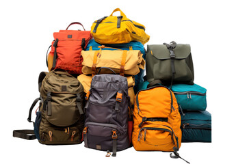 A pile of backpacks and bags of various colors and sizes