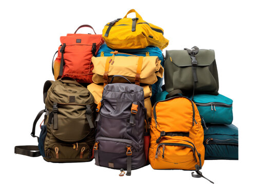 A pile of backpacks and bags of various colors and sizes