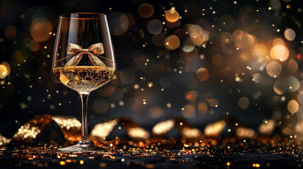 A glass of wine with a bow on top of it.