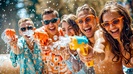Group of young people playing with water guns in pool of water.